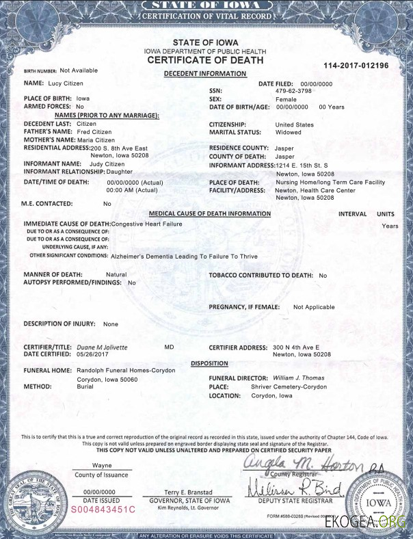 Modèle de certificat de décès de l'État de l'Iowa aux États Unis au format PSD